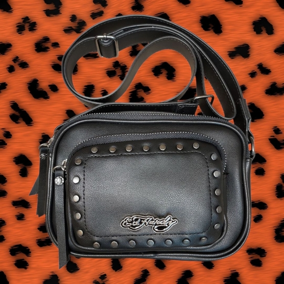 Ed Hardy NWOT Black Silver Stud Embellished Camera Crossbody Bag OS - Picture 2 of 13